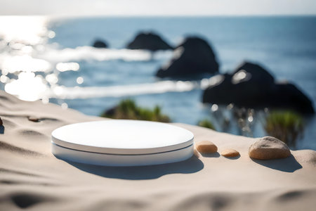 flat white plastic cosmetic podium scenery with black rock by the sea hyperrealistic materialsの素材