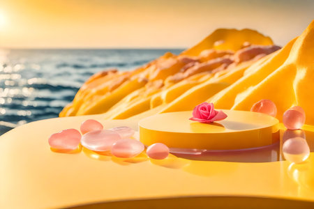 flat yellow plastic cosmetic podium scenery with rose quarts by the sea hyperrealistic materialsの素材