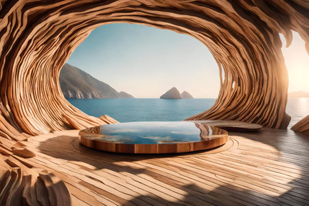 flat wood stone cosmetic podium scenery with agate by the wavy ocean hyperrealistic materialsの素材