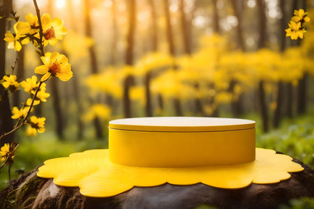flat yellow plastic cosmetic podium scenery with sakura flower in the forest hyperrealistic materialsの素材