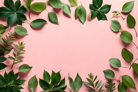 leaves green composition flat lay with free space for copy pink wood backgroundの素材