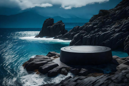 round black wood rock podium composition with black rock by the blue ocean hyperrealistic materialsの素材