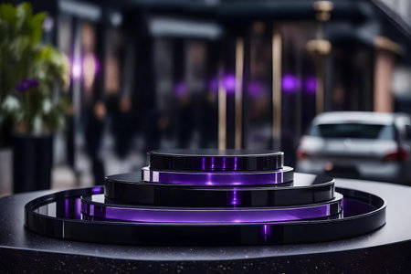 round black plastic cosmetic podium background with amethyst in the street hyperrealistic materialsの素材