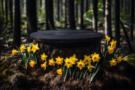 round black wood rock cosmetic podium composition with daffodil in the forest hyperrealistic materialsの素材