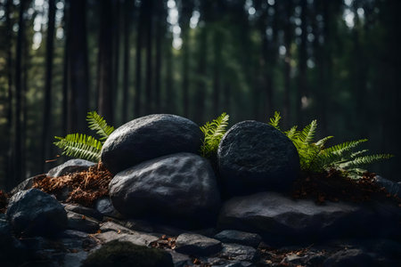 round black rock cosmetic podium background with marble in the forest hyperrealistic materialsの素材