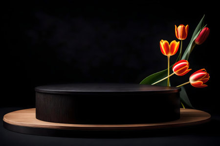 round black wood plastic podium background with tulip in the photo studio hyperrealistic materialsの素材