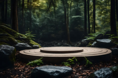 round black wood stone podium background with rock in the forest hyperrealistic materialsの素材