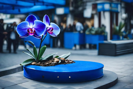 round blue plastic podium composition with orchid in the street hyperrealistic materialsの素材