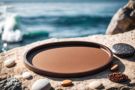 round brown plastic cosmetic podium background with granite by the sea hyperrealistic materialsの素材
