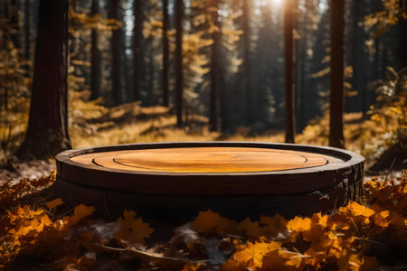 round black wood wooden podium composition with amber in the forest hyperrealistic materialsの素材