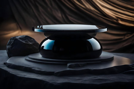 round glass stone podium scenery with black desert in the photo studio hyperrealistic materialsの素材