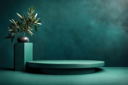round blue podium close shot stone background studio with green olive high qualityの素材