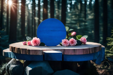 round blue wooden podium background with rose quarts in the forest hyperrealistic materialsの素材