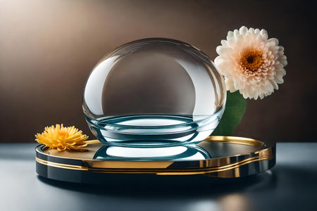 round glass stone cosmetic podium composition with chrysanthemum in the photo studio hyperrealistic materialsの素材