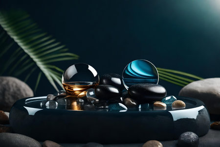 round glass rock cosmetic podium composition with black rock by the sea hyperrealistic materialsの素材