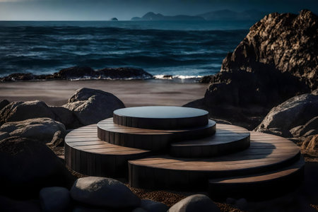 round black wooden cosmetic podium background with black rock by the sea hyperrealistic materialsの素材