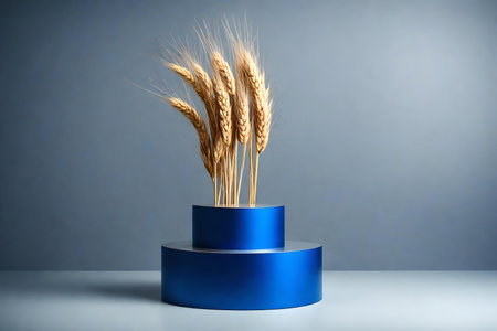 round blue podium close shot silver background studio with wheat high qualityの素材