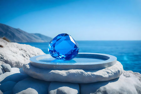 round blue rock podium composition with blue crystal by the sea hyperrealistic materialsの素材