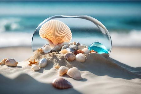 round glass rock podium scenery with seashell by the sea hyperrealistic materialsの素材