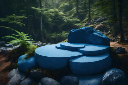 round blue rock podium scenery with granite in the forest hyperrealistic materialsの素材