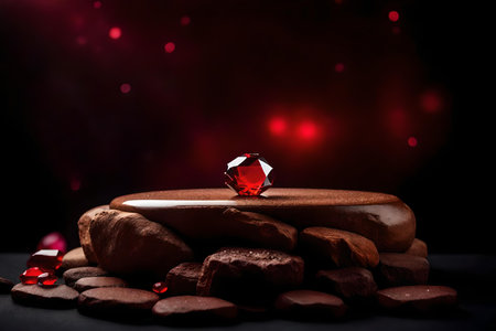 round brown rock cosmetic podium composition with red crystal in the photo studio hyperrealistic materialsの素材