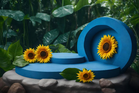 round blue rock podium scenery with sunflower in the tropical forest hyperrealistic materialsの素材