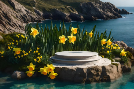 round green rock podium scenery with daffodil by the sea hyperrealistic materialsの素材