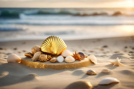 round golden rock podium scenery with seashell by the sea hyperrealistic materialsの素材