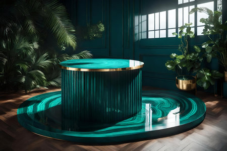 round gray wooden cosmetic podium composition with malachite by the blue ocean hyperrealistic materialsの素材