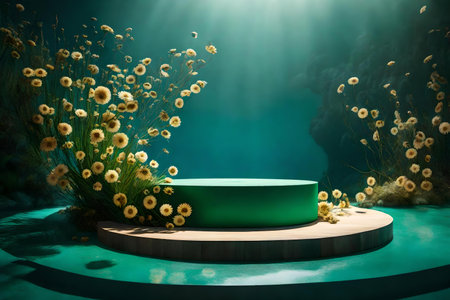 round green plastic podium composition with dried daisy by the blue ocean hyperrealistic materialsの素材