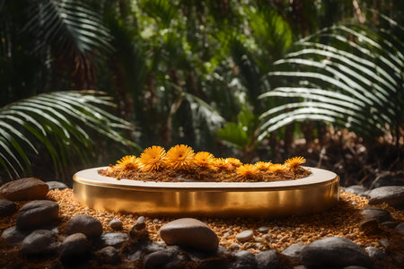 round golden stone podium composition with dried daisy in the tropical forest hyperrealistic materialsの素材