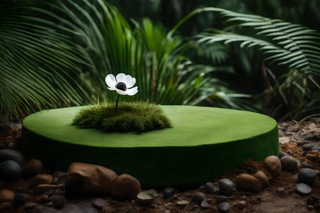 round green rock podium background with dried anemone flower in the tropical forest hyperrealistic materialsの素材