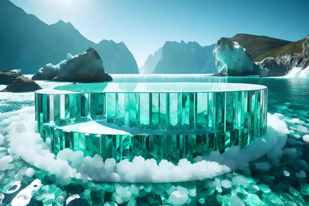 round green rock podium background with crystal ice by the wavy ocean hyperrealistic materialsの素材