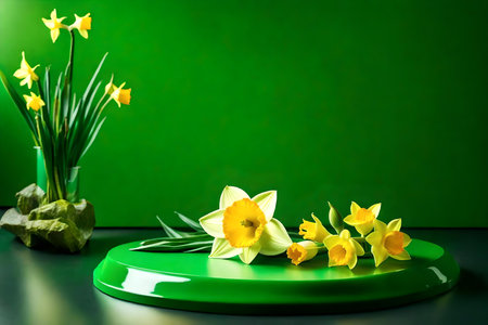 round green plastic podium scenery with daffodil in the photo studio hyperrealistic materialsの素材