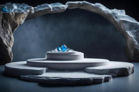 round gray rock podium background with crystal ice in the photo studio hyperrealistic materialsの素材