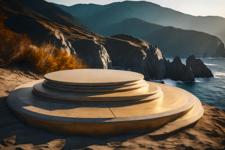 round golden stone podium scenery with granite by the sea hyperrealistic materialsの素材