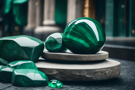 round gray rock cosmetic podium composition with malachite in the street hyperrealistic materialsの素材
