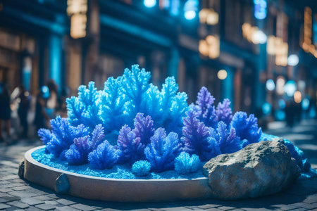 round iridescent rock podium composition with blue corals in the street hyperrealistic materialsの素材