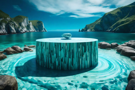 round green wooden podium scenery with blue calcite by the wavy ocean hyperrealistic materialsの素材