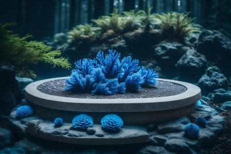 round gray stone podium scenery with blue corals in the forest hyperrealistic materialsの素材