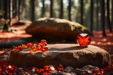 round orange rock podium background with red crystal in the forest hyperrealistic materialsの素材