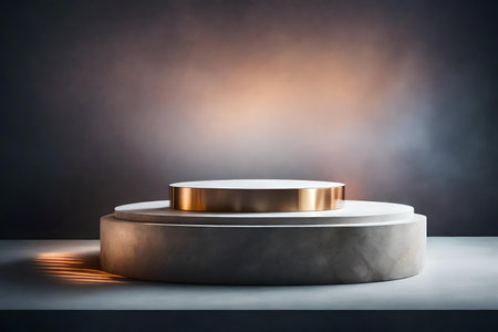 round iridescent stone cosmetic podium background with concrete in the photo studio hyperrealistic materialsの素材