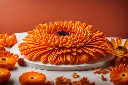 round orange plastic podium composition with dried chrysanthemum in the photo studio hyperrealistic materialsの素材