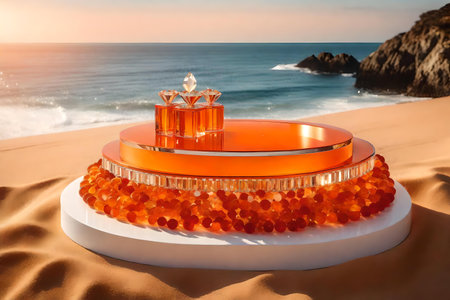 round orange plastic cosmetic podium scenery with crystal by the sea hyperrealistic materialsの素材