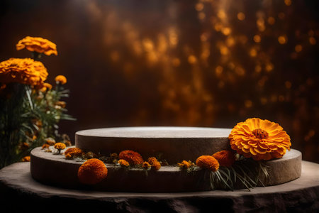 round iridescent stone podium scenery with dried marigold flower in the photo studio hyperrealistic materialsの素材