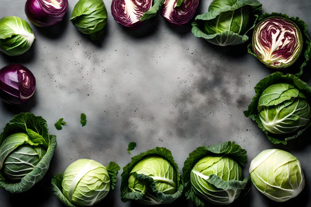 cabbage composition flat lay with free space for copy concrete backgroundの素材