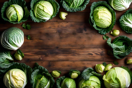 cabbage composition flat lay with free space for copy natural wood backgroundの素材