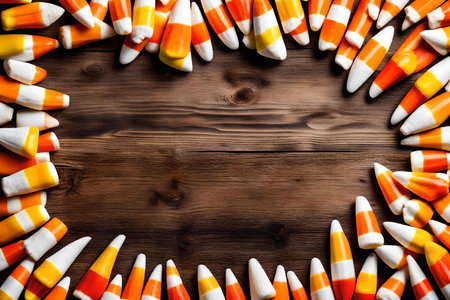 candy corn composition flat lay with free space for copy old wood backgroundの素材