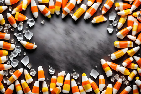 candy corn composition flat lay with free space for copy crystal ice backgroundの素材
