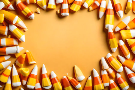 candy corn composition flat lay with free space for copy yellow paper backgroundの素材